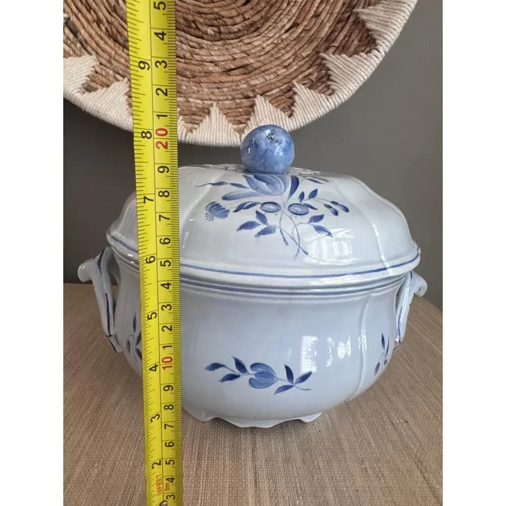 Vintage French Country Longchamp Tureen – Tulip Blue Faience Serving Bowl